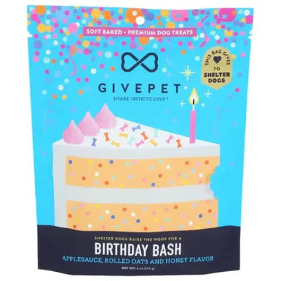 GivePet Birthday Bash soft baked dog treats birthday in a colorful package with cake illustration