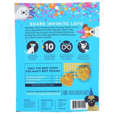 GivePet soft baked dog treats birthday packaging featuring vibrant colors and ingredients information