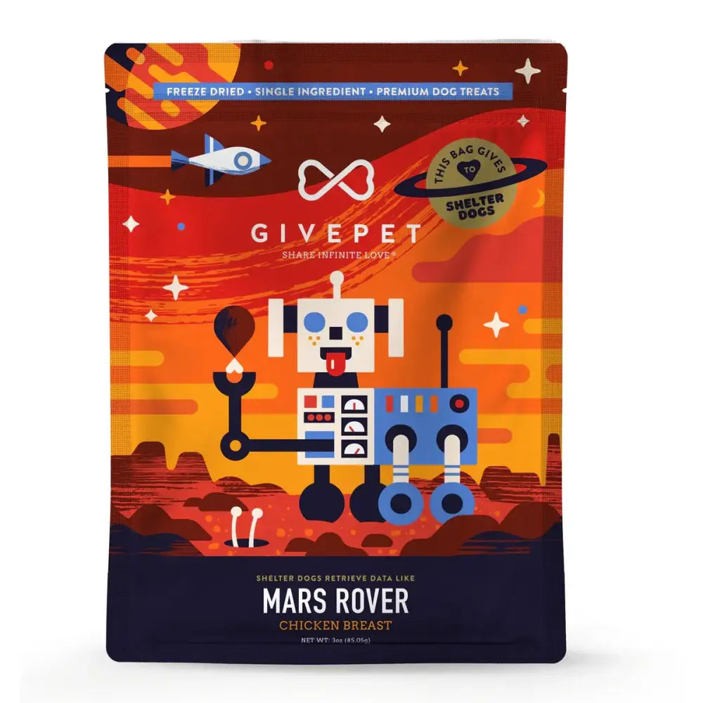 GivePet freeze-dried chicken dog treats in colorful Mars Rover packaging for healthy pet snacks
