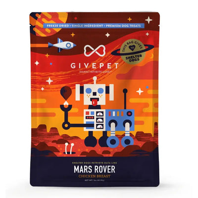 GivePet freeze-dried chicken dog treats in colorful Mars Rover packaging for healthy pet snacks