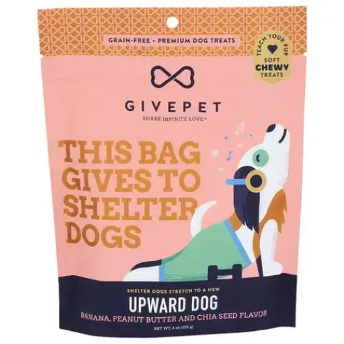 GivePet soft chewy dog training treats in banana, peanut butter, and chia seed flavor with a donation promise