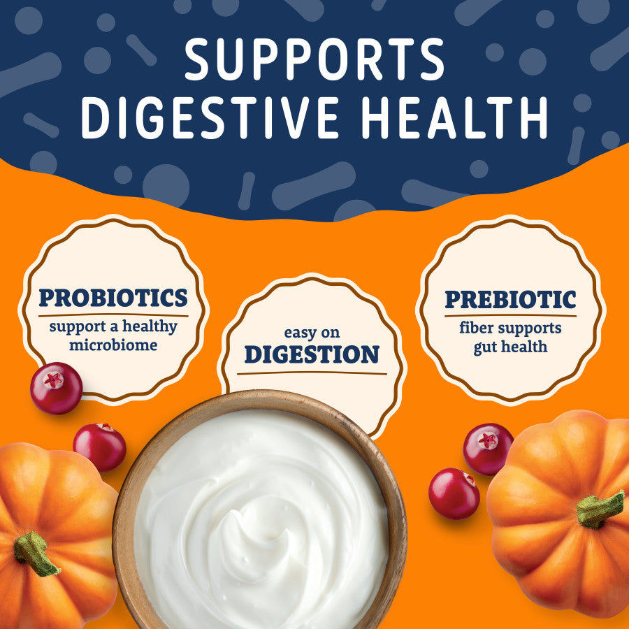 Infographic for pumpkin and cranberry dog treats highlighting probiotics and prebiotic fiber.