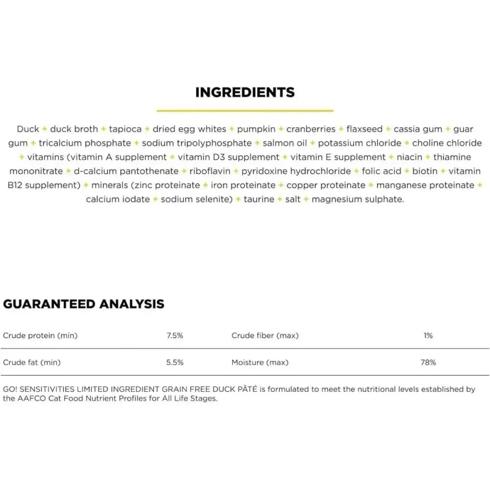Go! Solutions Sensitivities Limited Ingredient Grain - Free Duck Pate Cat Food 24ea/6.4 oz - Talis Us