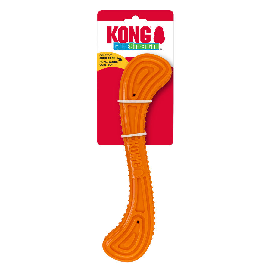 KONG Corestrength Stick Toy for Dogs in bright orange, featuring a durable design for fun playtime, displayed on a card.