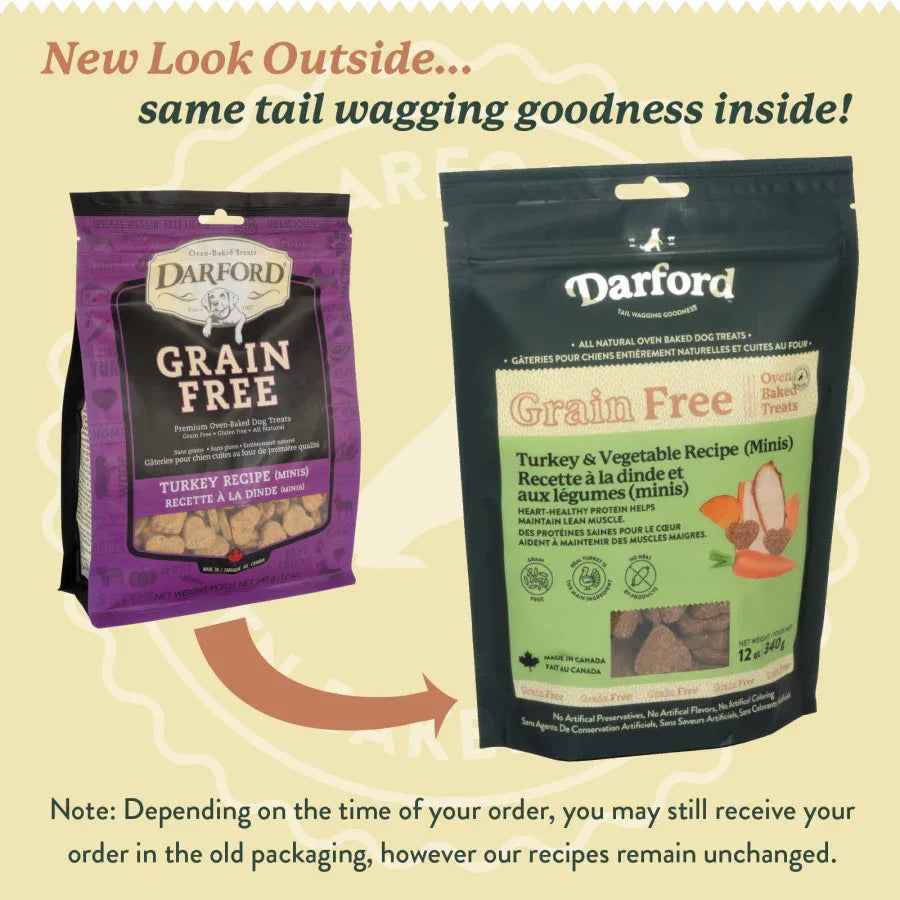 Grain-free turkey recipe mini dog treats by Darford, featuring the new and old packaging.