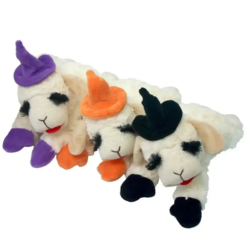 Halloween lamb chop dog toy set featuring three plush sheep in witch hats for festive fun