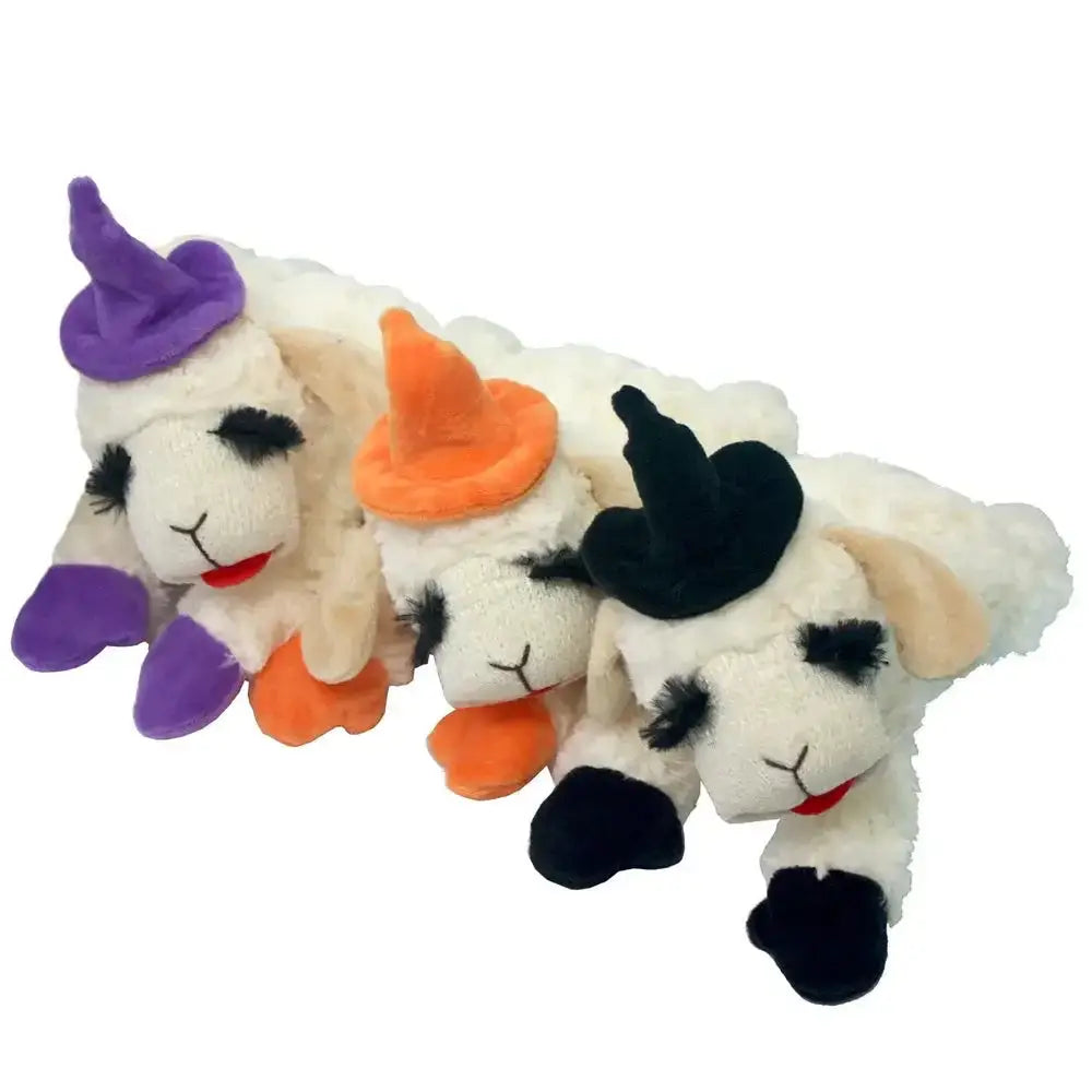 Halloween lamb chop dog toy set featuring three plush sheep in witch hats for festive fun