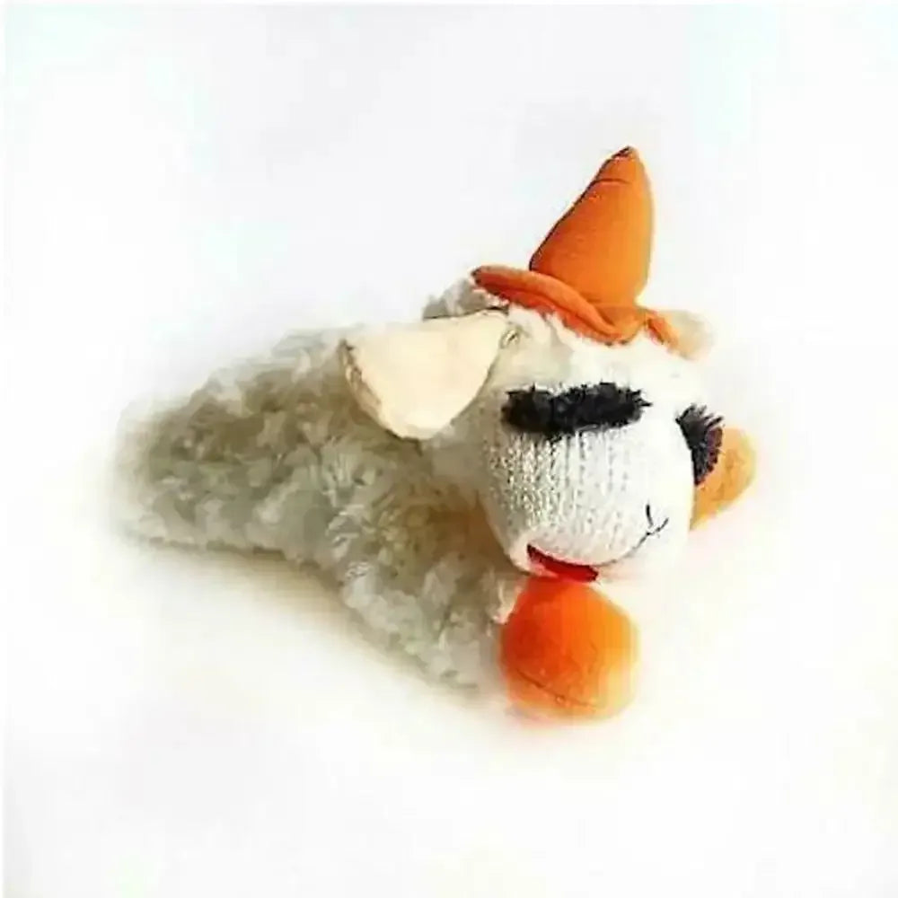 Halloween lamb chop dog toy in a fluffy design with a witch hat and playful features for dogs