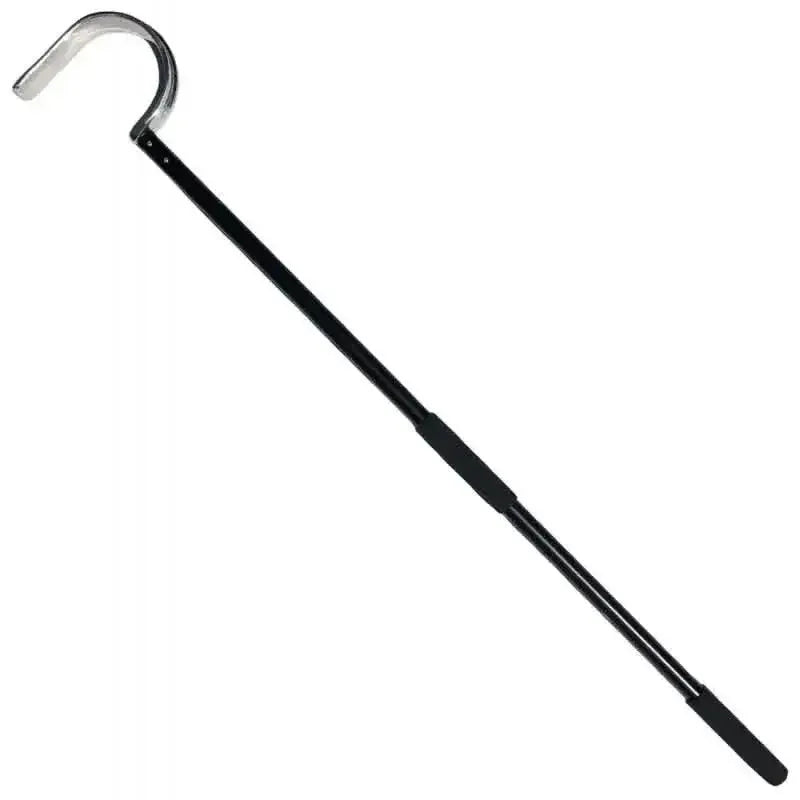 The Lugarti Heavy Duty Snake Hook features a black metal stick with a stainless steel silver hook on one end and a rubber grip handle on the other, designed for comfortable handling and safely reaching or pulling objects.