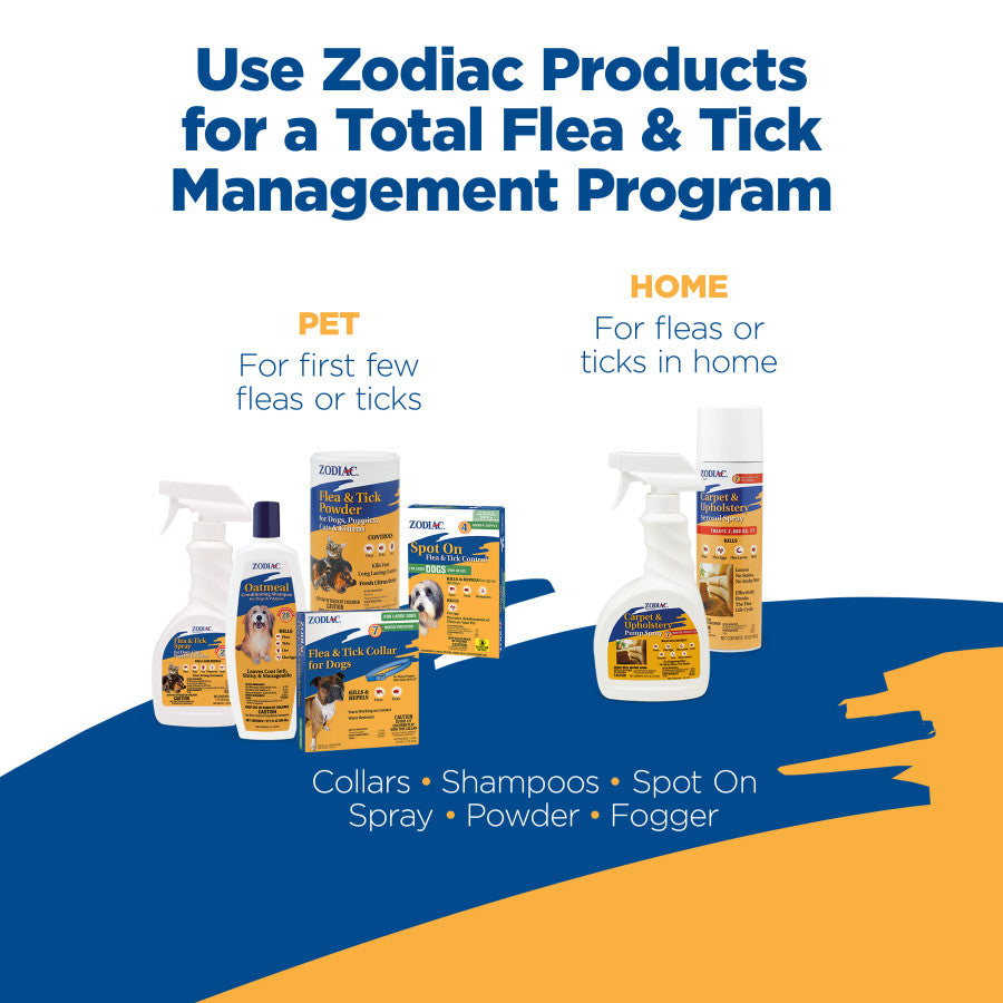 Zodiac flea and tick management products for pets and home, including oatmeal shampoo and collars.