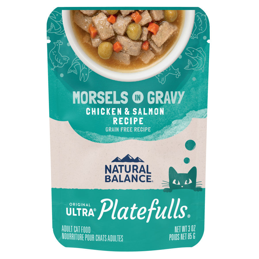 Natural Balance Platefulls Chicken & Salmon Recipe Morsels in Gravy wet cat food 3 oz pouch.