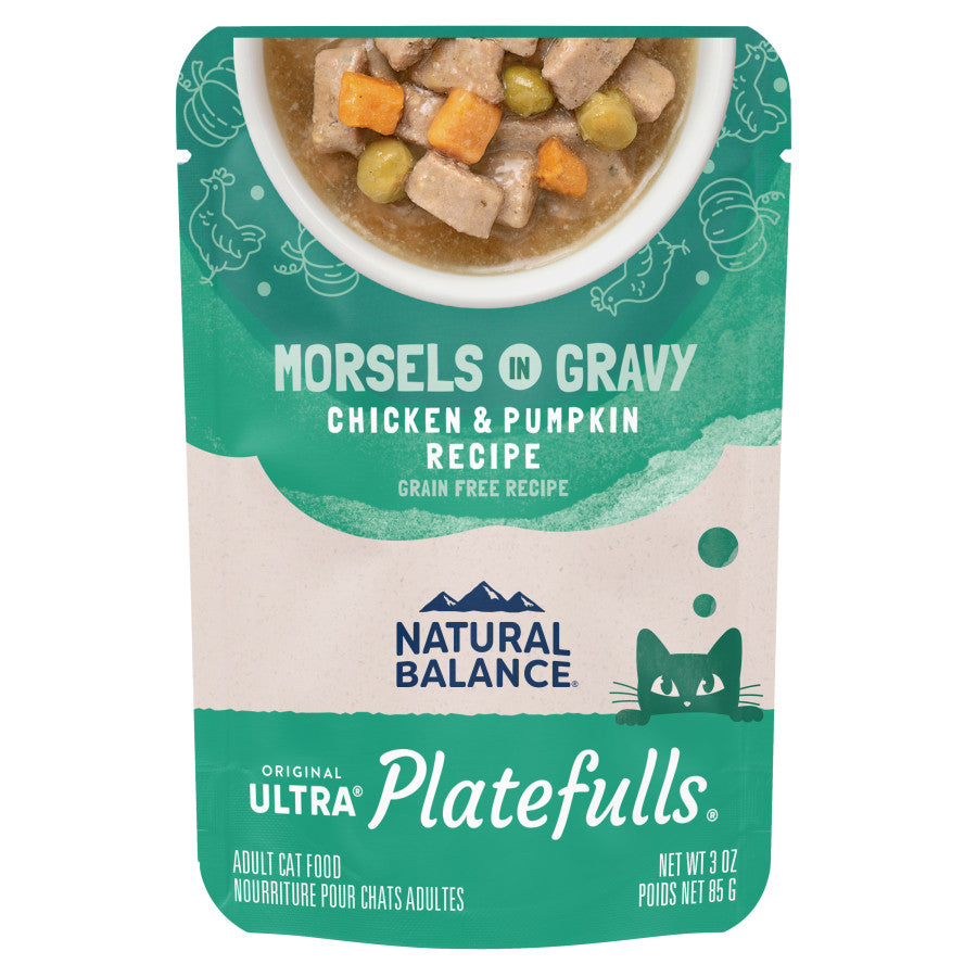 Natural Balance Platefulls Chicken & Pumpkin Recipe Morsels in Gravy, 3 oz wet cat food pouch.