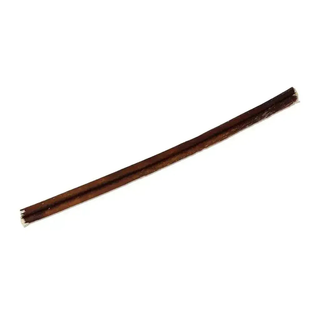 Home Range all-natural grass-fed beef bully stick dog chew showing a single long, dark brown stick on a white background.