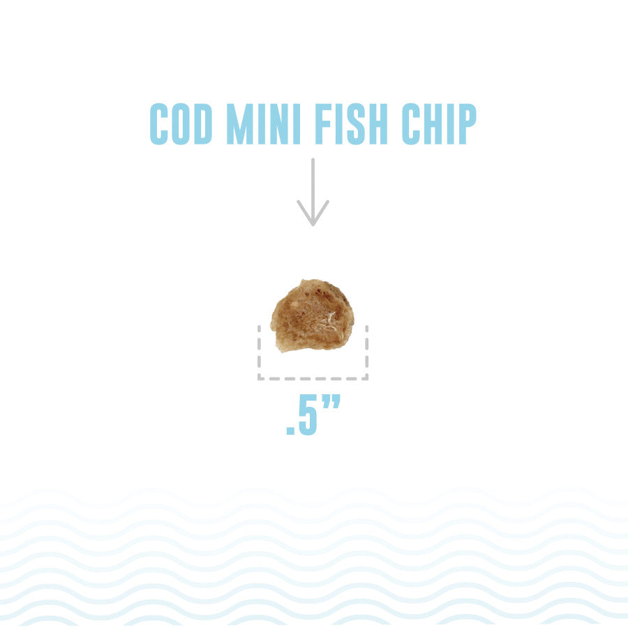 A single Icelandic Mini Cod Fish Chip shown to be approximately .5 inches in size.