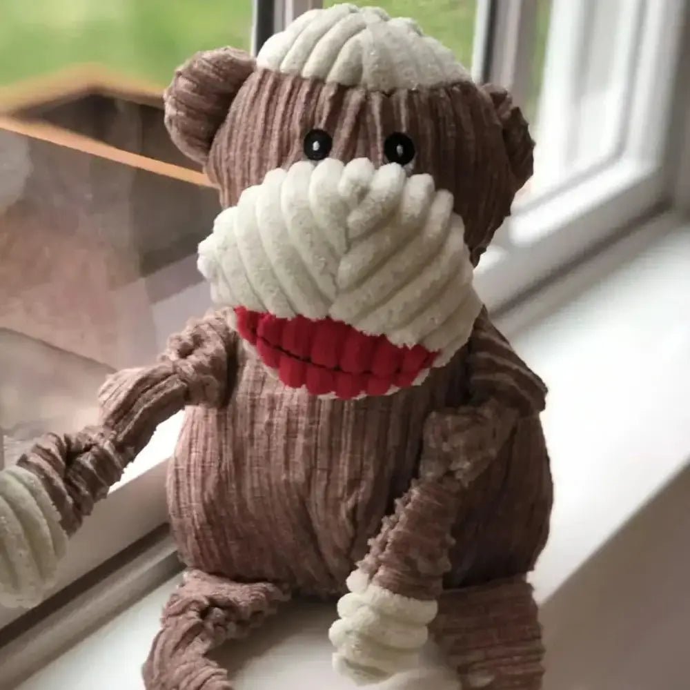 HuggleHounds Sock Monkey Durable Plush Corduroy Knottie Squeaky Dog Toy - Talis Us