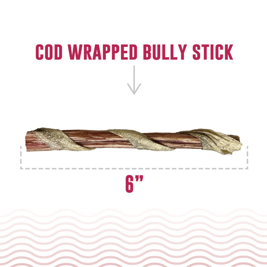 Icelandic Cod Wrapped Bully Stick 6 inch for dogs, providing a tasty and natural chewing experience