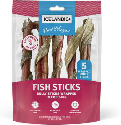 Icelandic+ Fish Sticks, dog treats made with bully stick wrapped in cod skin for long-lasting chews