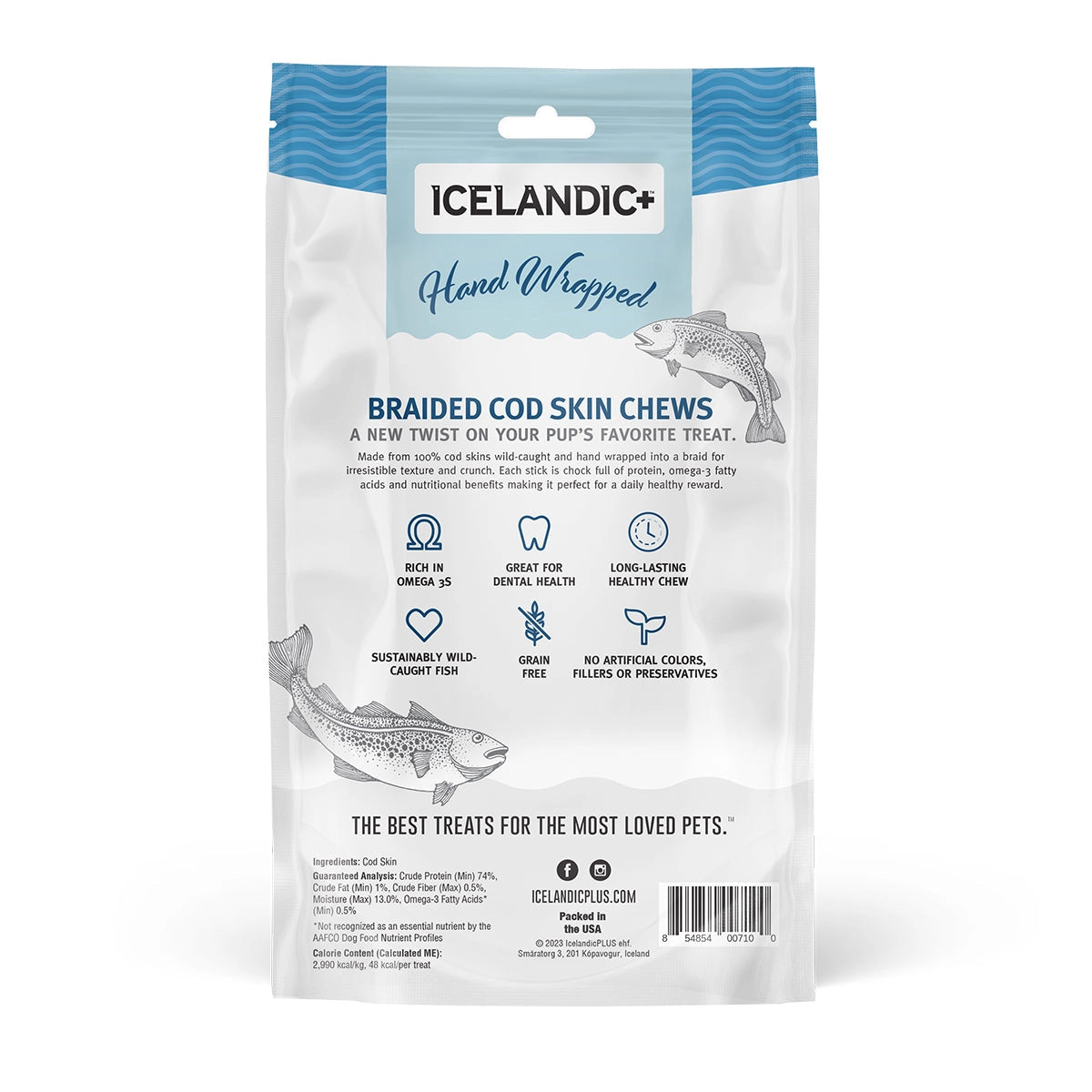 Icelandic cod skin braids for dogs in a blue bag, healthy and long-lasting chews for pets