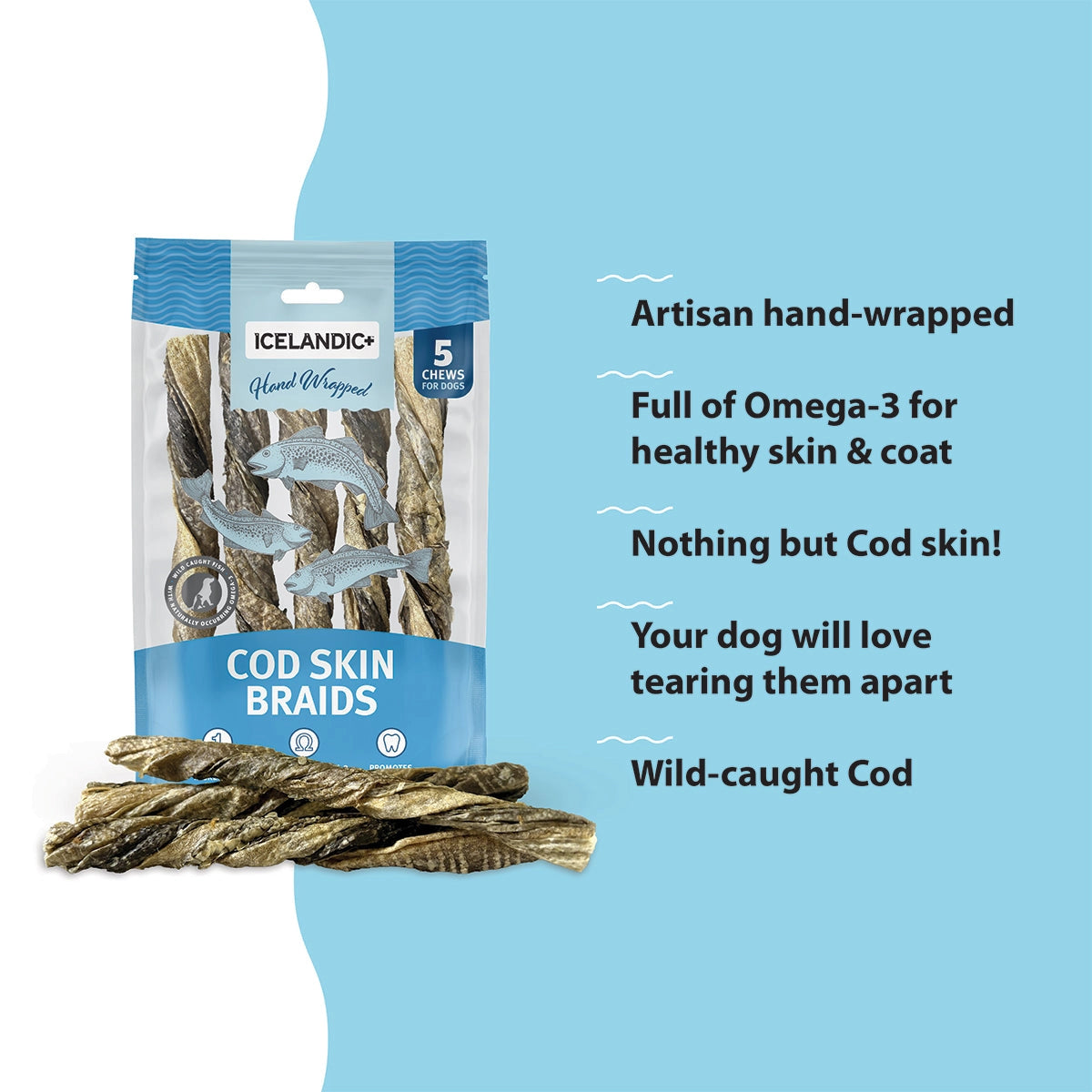 Icelandic cod skin braids for dogs in a resealable bag with text highlighting health benefits