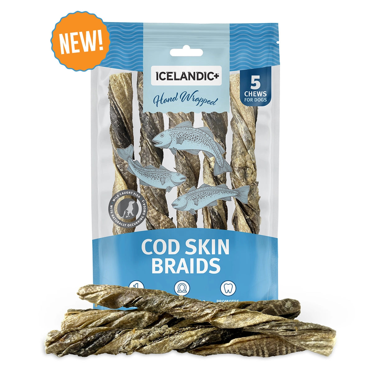 Icelandic cod skin braids for dogs in a new package with five chews for tasty dog treats