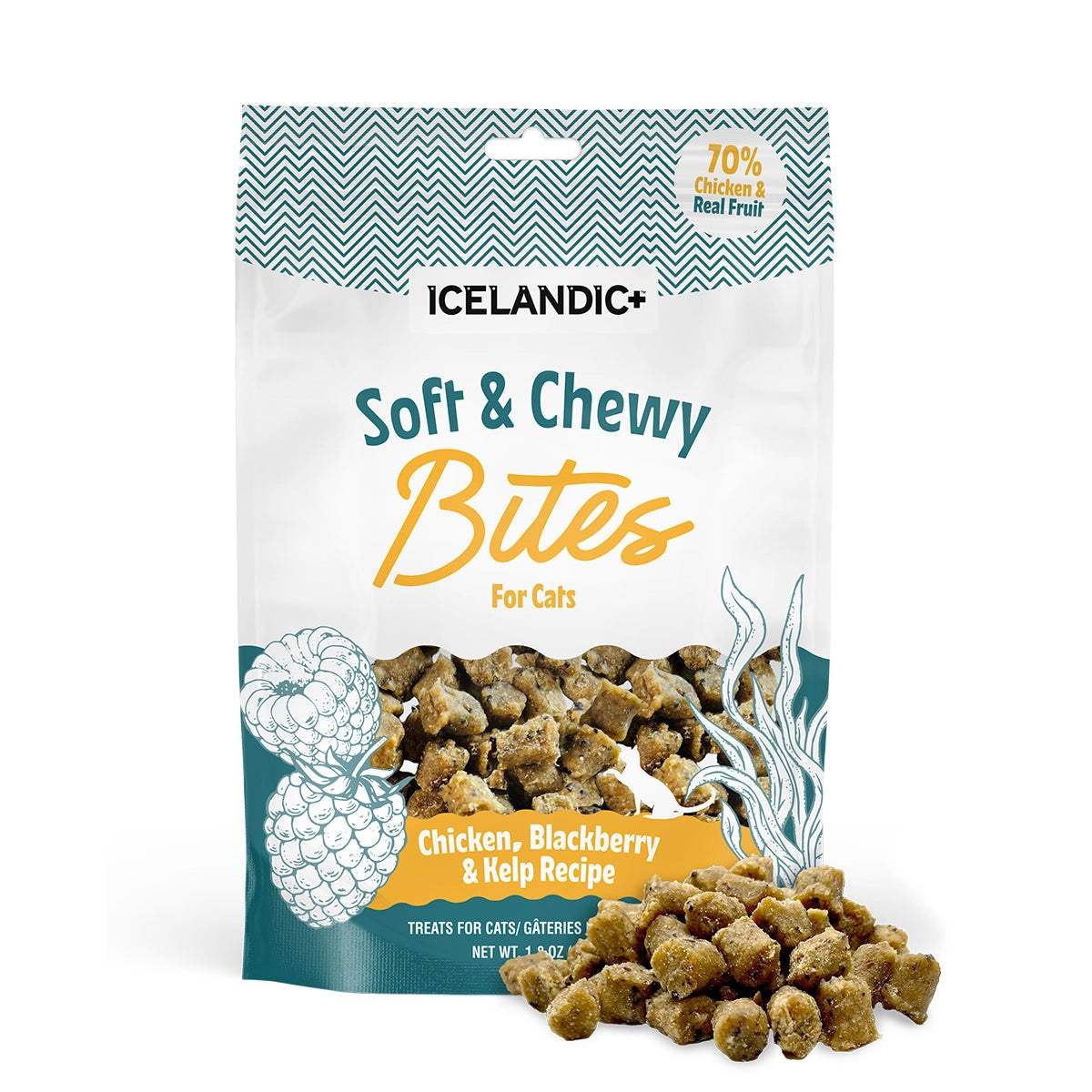 Icelandic soft and chewy cat treats in a colorful bag featuring chicken, blackberry, and kelp recipe