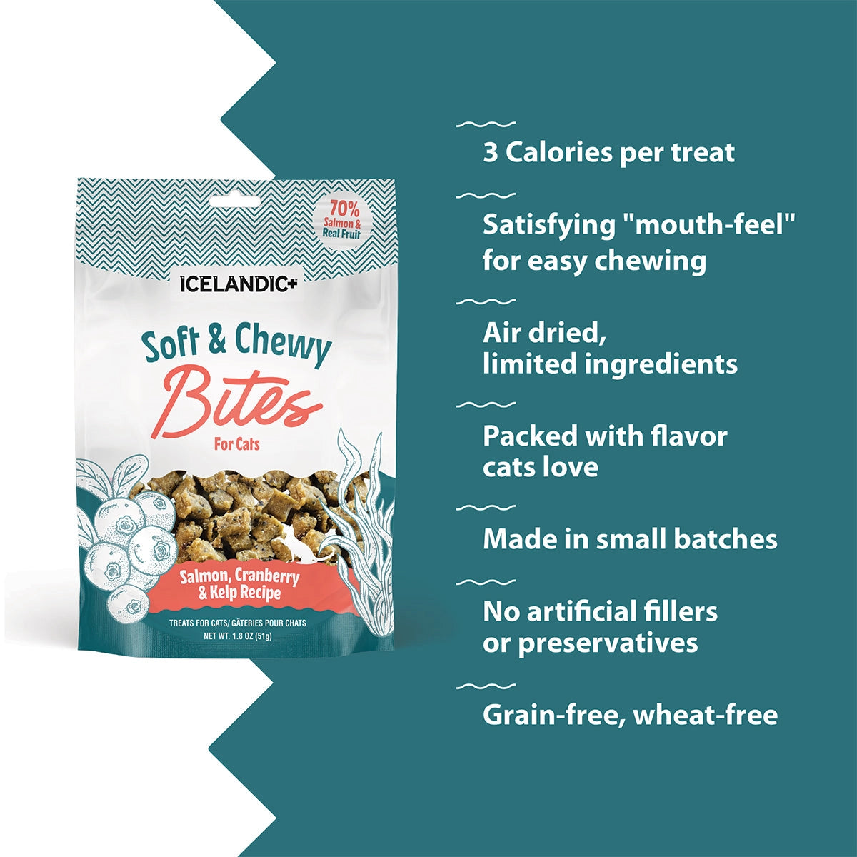 Icelandic soft and chewy cat treats in a salmon, cranberry, and kelp flavor for cats