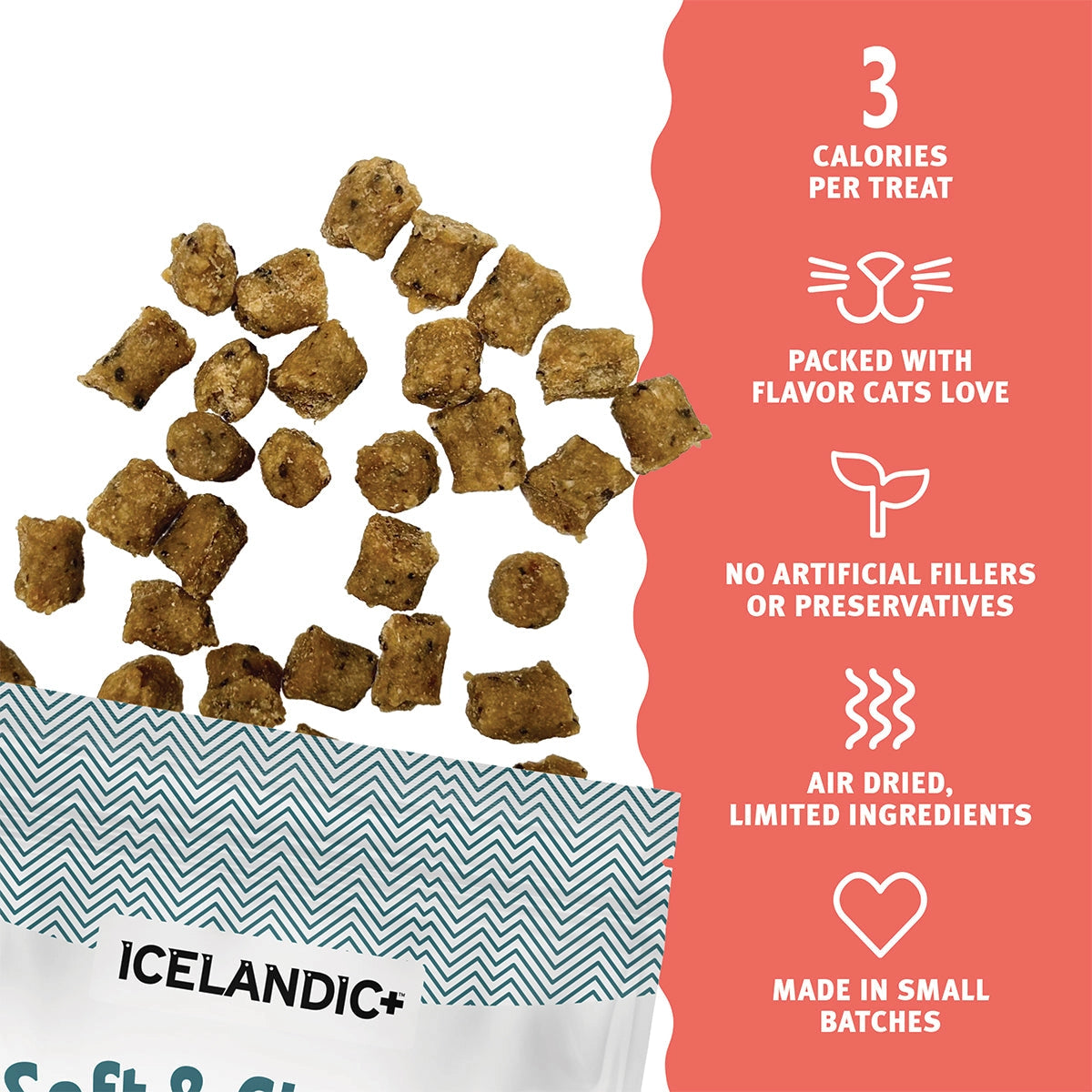 Icelandic soft and chewy cat treats in a bag, featuring small, air-dried treats for cats