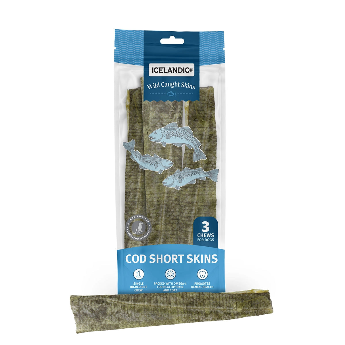 Icelandic wild-caught Icelandic cod skin chews for dogs, green packaging with three chews inside
