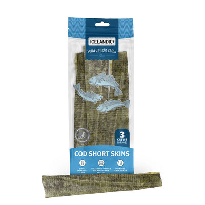 Icelandic wild-caught Icelandic cod skin chews for dogs, green packaging with three chews inside