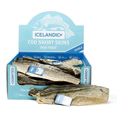 Icelandic+ wild-caught Icelandic cod skin chews for dogs in a display box, promoting healthy dog treats