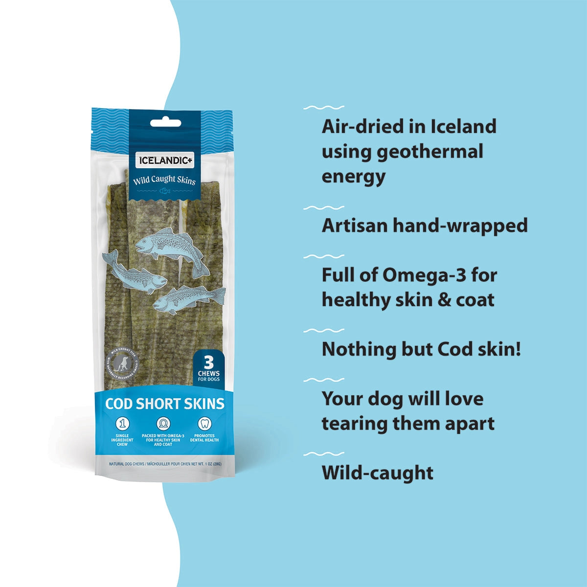 Icelandic+ wild-caught Icelandic cod skin chews for dogs in a green package featuring three chews