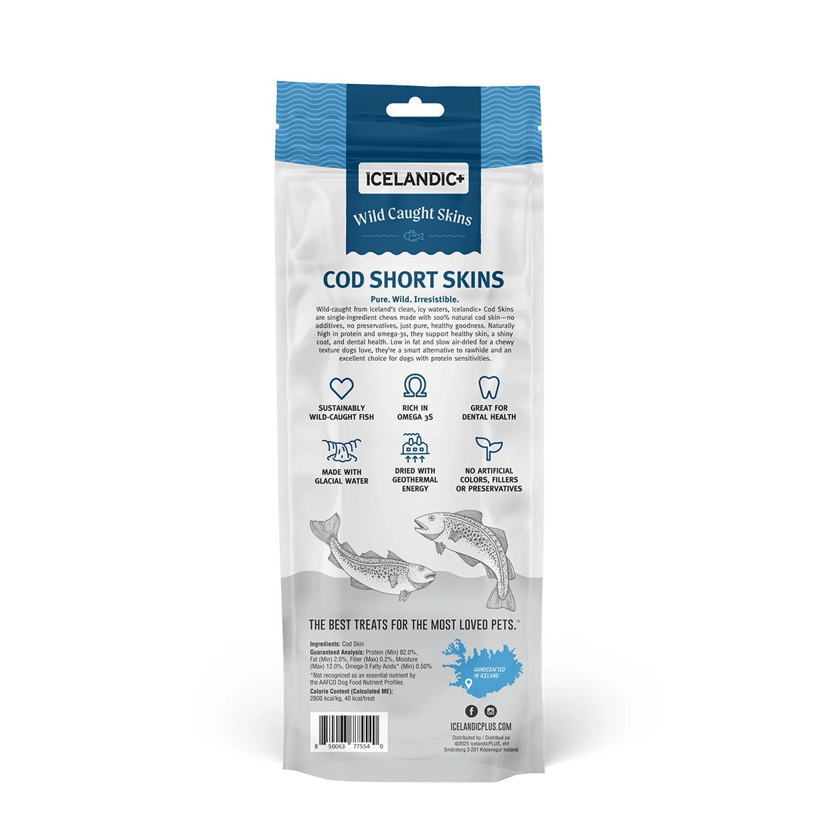 Icelandic+ wild-caught Icelandic cod skin chews for dogs in a blue bag, rich in protein and omega-3s