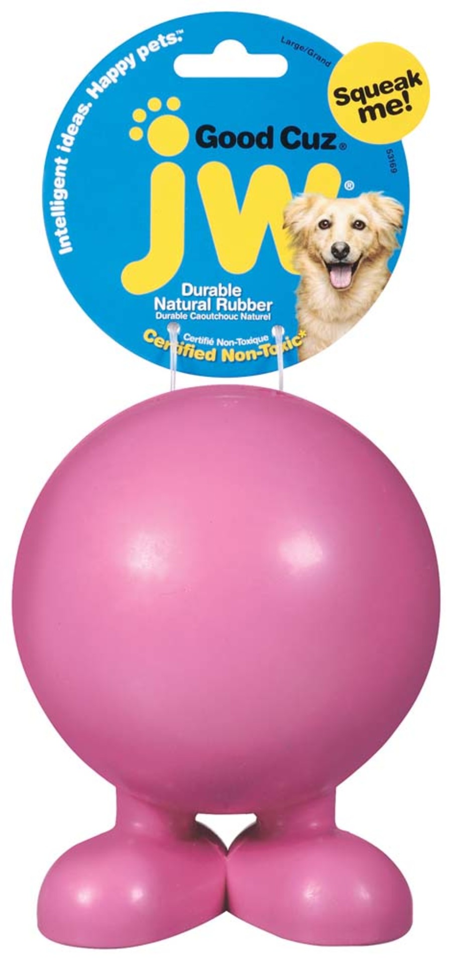 Pink JW Good Cuz dog toy with feet and a squeaker, made of durable natural rubber for large dogs.