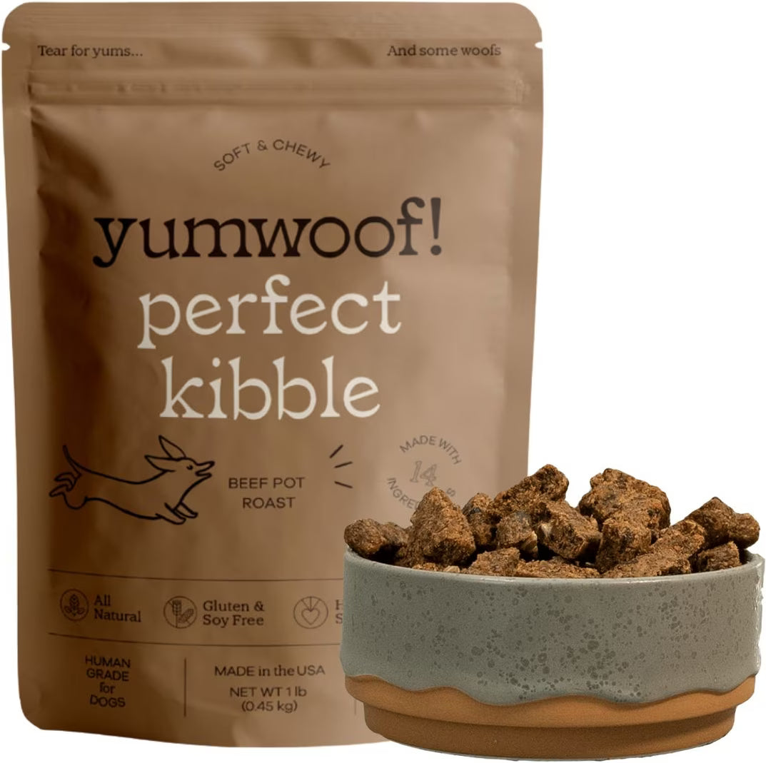 Yumwoof Gut Health Beef Pot Roast Dog Food in a tan pouch beside a bowl of chunky brown air-dried kibble.