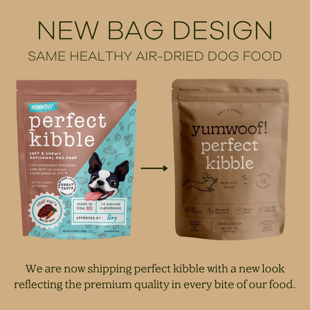 Yumwoof Gut Health Beef Pot Roast Dog Food bag redesign graphic compares teal and tan pouches of air-dried kibble.