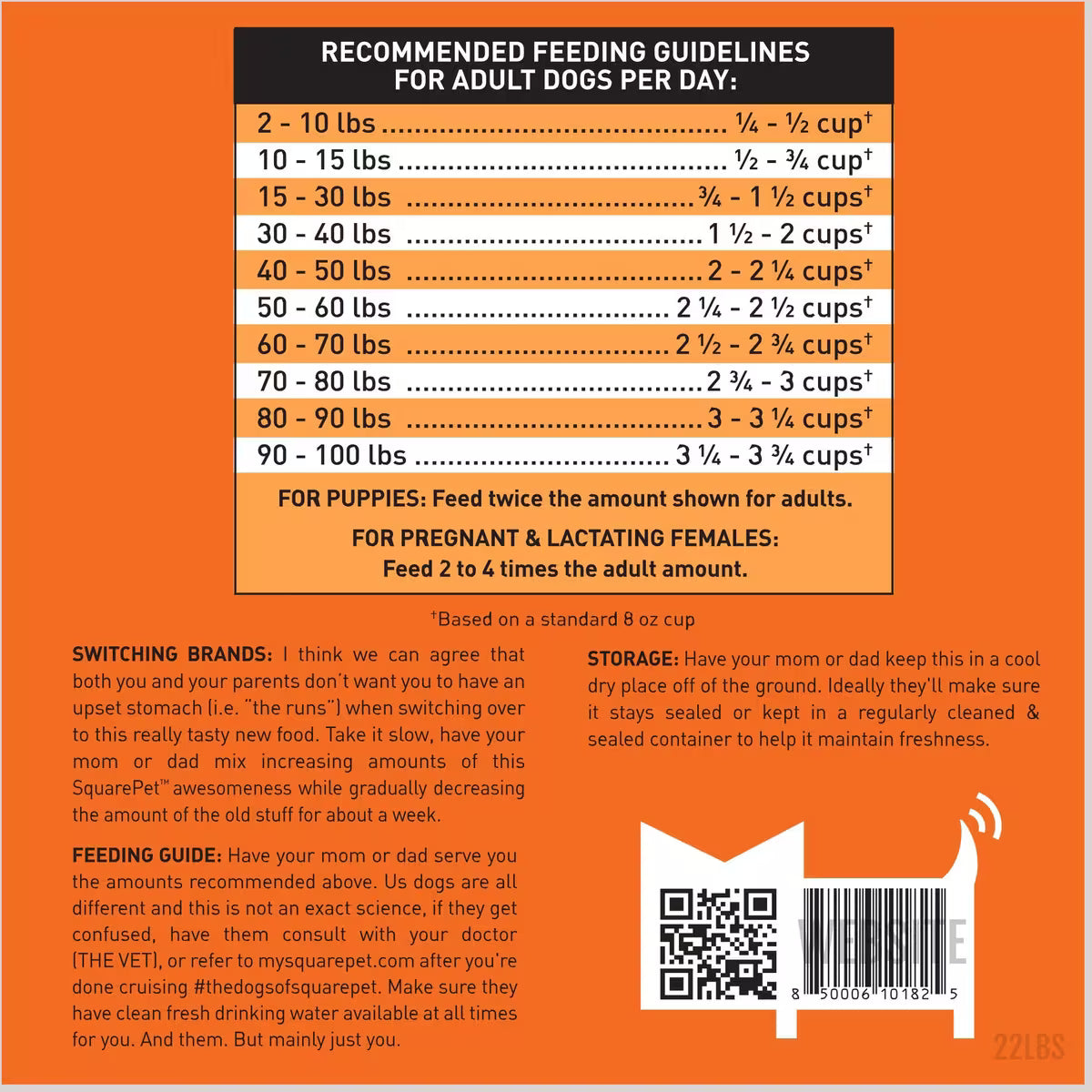 Feeding guidelines chart for adult dogs and puppies with orange background, black text, and barcode at bottom
