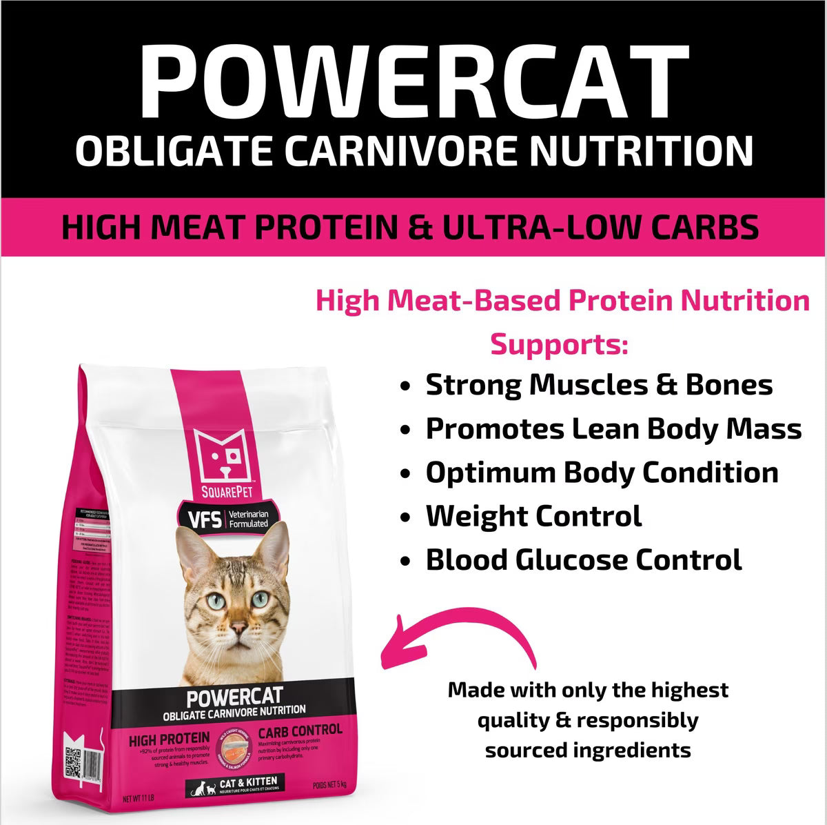 SquarePet PowerCat packaging with list of ingredients including salmon, potatoes, sunflower oil, and cranberries, 5 kg size