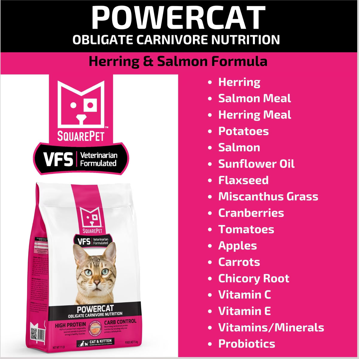 SquarePet VFS PowerCat Herring & Salmon high protein dry cat food bag with pink and white packaging, featuring a cat's face and product details