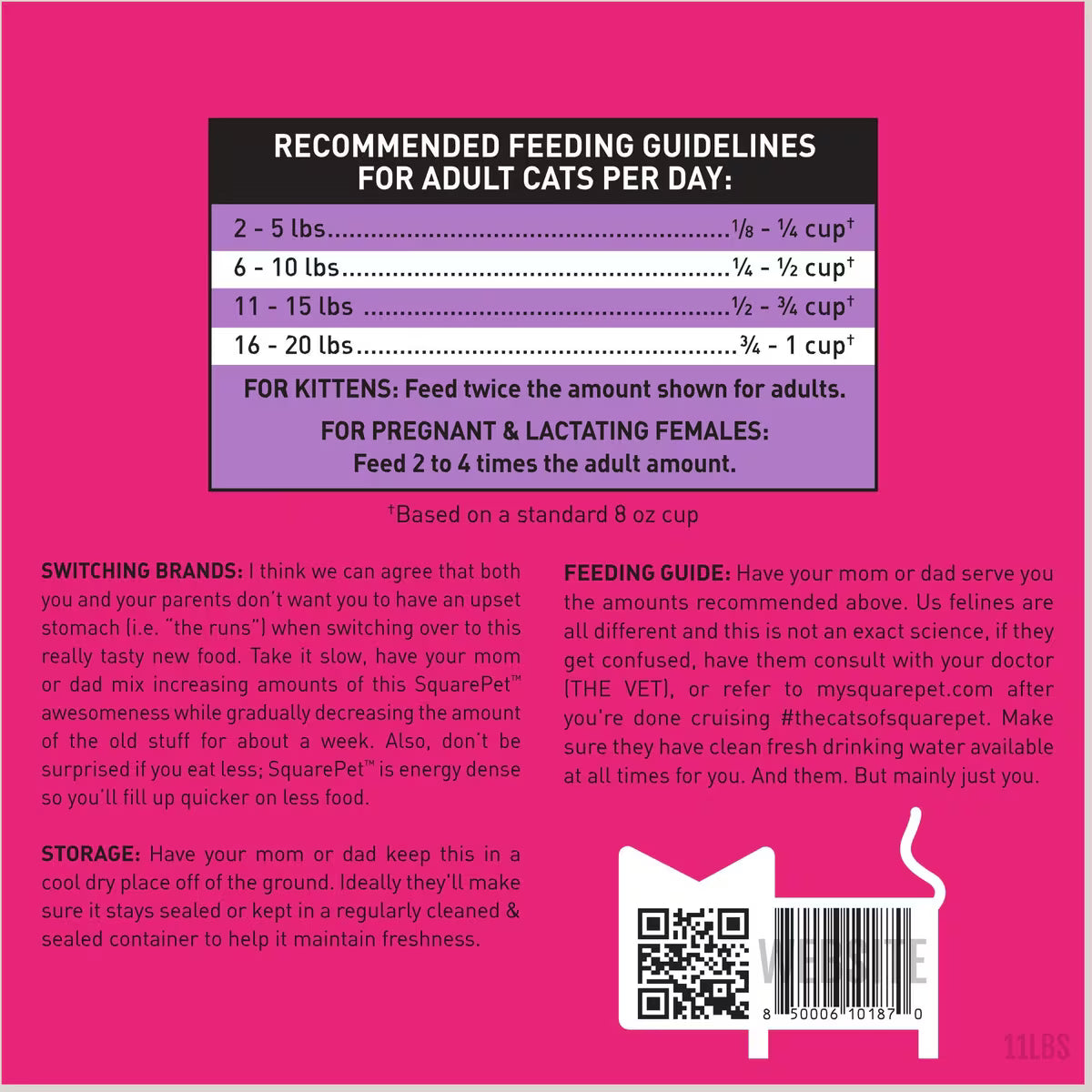 Pink feeding guidelines chart for adult cats and kittens with recommended daily amounts, storage tips, and QR code, SKU: 11LBS