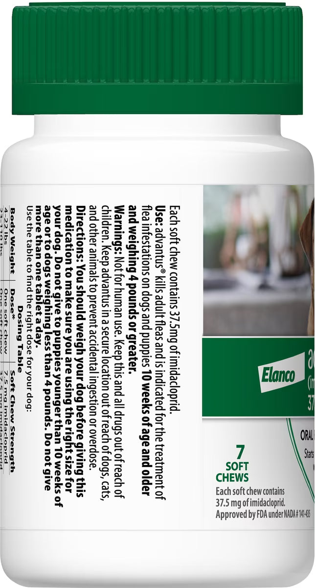 Talis Us Advantus Soft Chews for Large Dogs, 37.5 mg, 30 count bottle with green cap and detailed label.