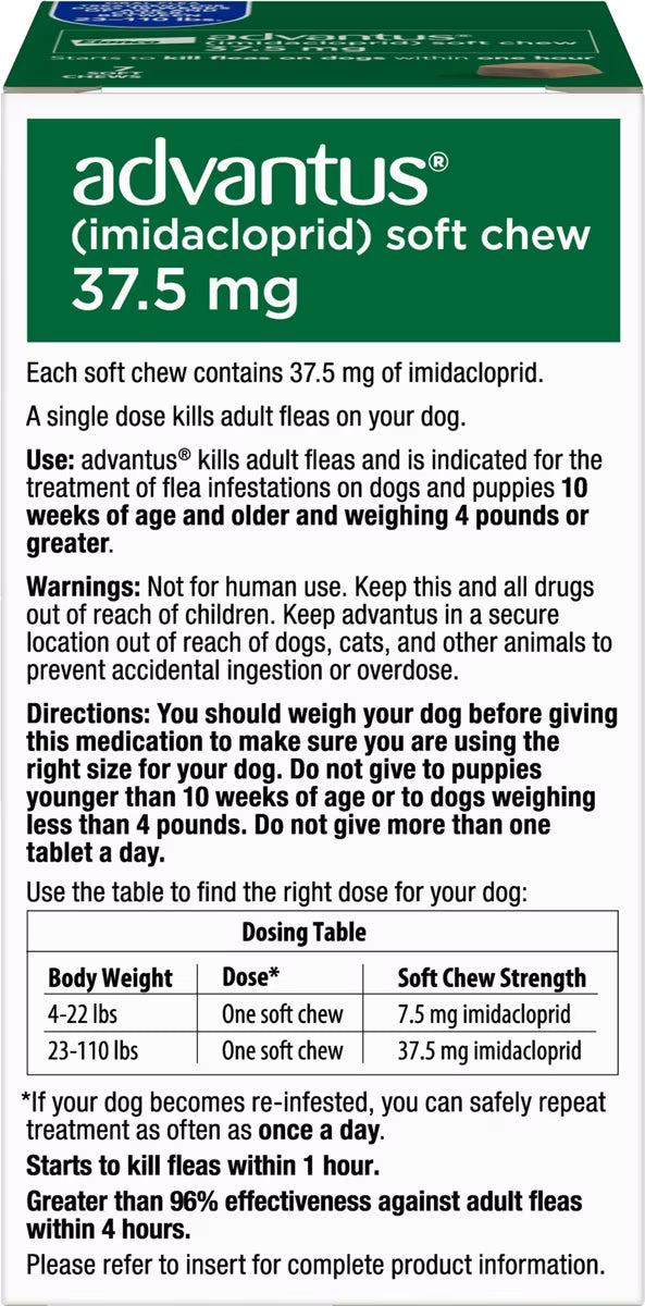 Talis Us Advantus Soft Chews for Large Dogs, 37.5 mg, 30 Count, with dosing instructions and warnings for use.