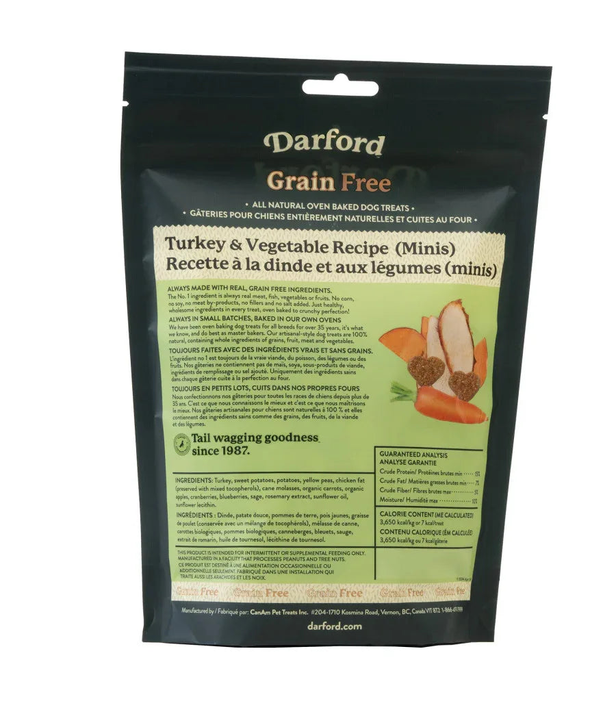 Grain-free turkey minis dog treats by Darford, in a dark green bag with food graphics.
