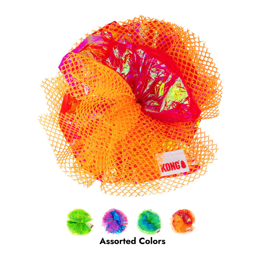 KONG Cat Toy Balls in assorted colors, featuring crackling fluff and a textured mesh design for engaging feline play.