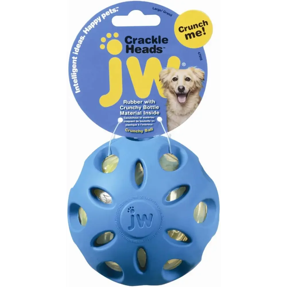 JW crackle ball dog toy in blue with crunchy bottle material for fun and engagement