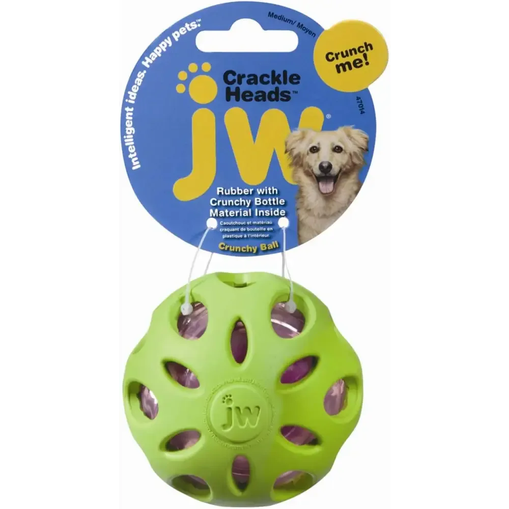 JW Crackle Ball Dog Toy in Green with Crunchy Bottle Material for Fun and Engaging Play