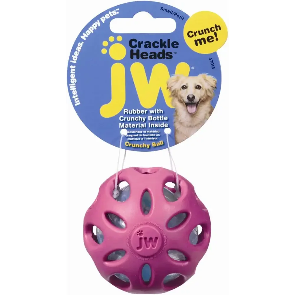 JW Crackle Ball Dog Toy in pink with crunchy bottle material for fun playtime