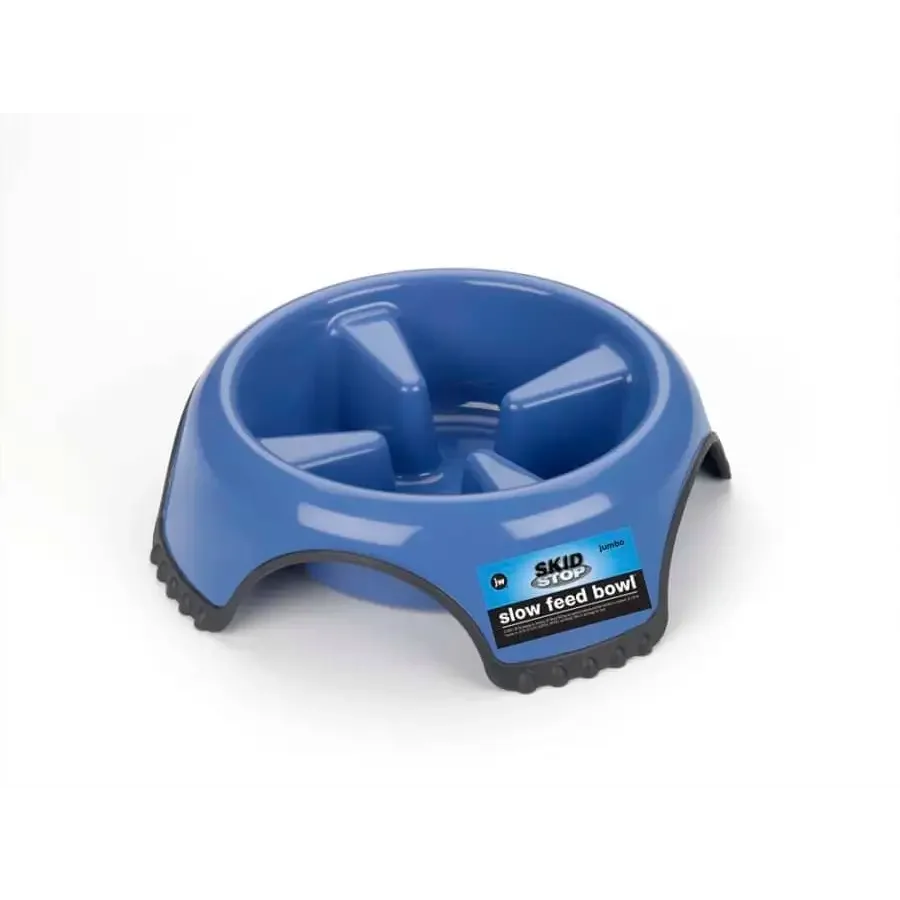 JW slow feed dog bowl in blue with skid-resistant base for slow feeding and less choking