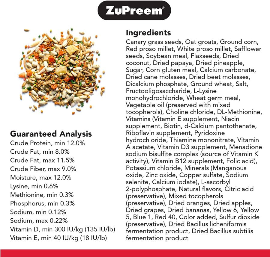 ZuPreem Smart Selects Bird Food ingredients list and guaranteed analysis for parakeets.