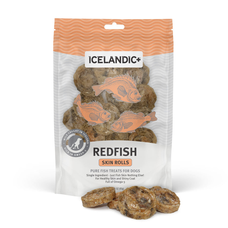 Bag of Icelandic+ Redfish Skin Rolls, single ingredient air-dried fish treats for dogs.