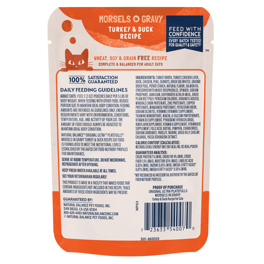 Talis Us Natural Balance Turkey Duck Cat Food pouch, featuring a gravy recipe, feeding guidelines, and ingredient details.